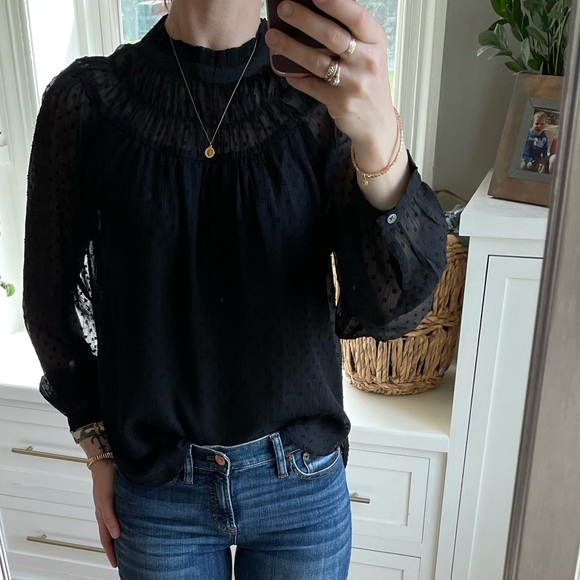 Loft clip dot shirred ruffle neck blouse. - Picture 3 of 10